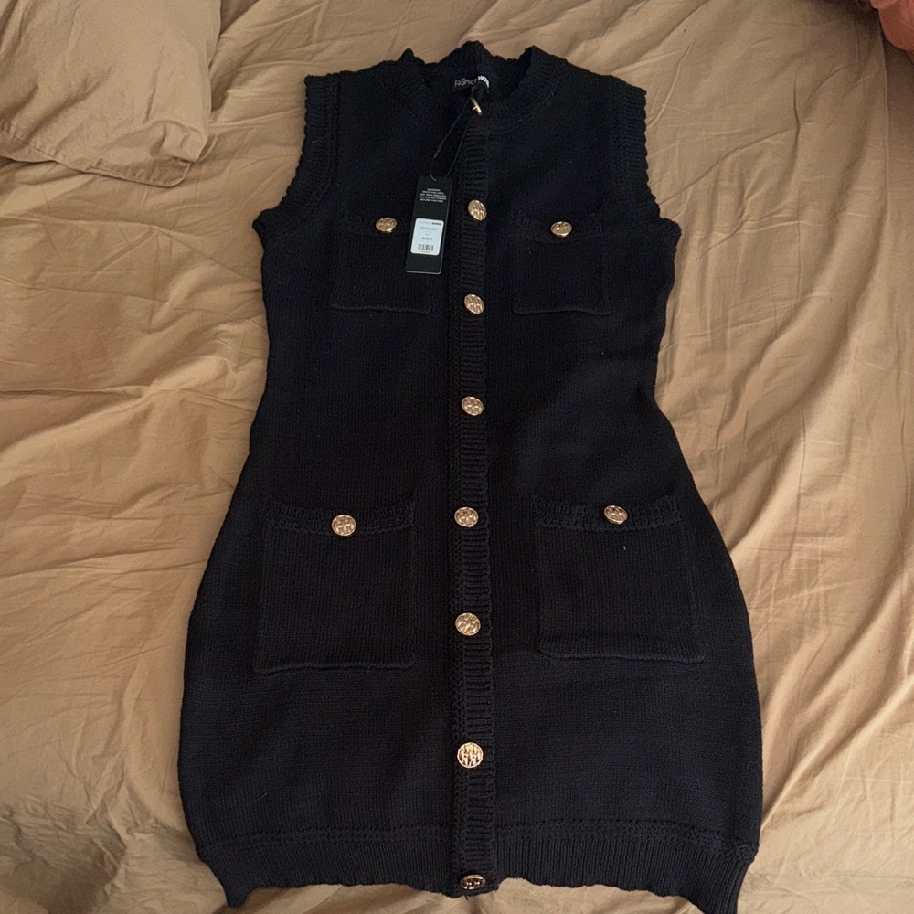 Fashion Nova Black Sleeveless Button-Front Knit Mini Dress